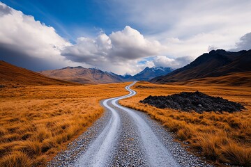 A long, winding road disappearing into the horizon, with difficult terrain along the way, representing the ongoing challenges in personal growth and progress