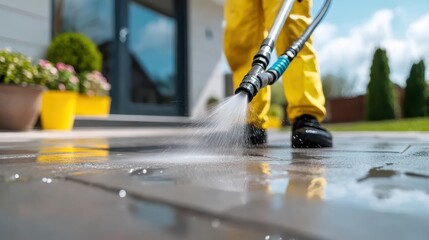 Fototapeta premium A focus on intense power washing showcases a wet stone patio being meticulously cleaned, emphasizing precision and the transformation to a gleaming surface.