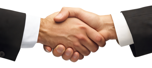 Business handshake between two men in suits, isolated on transparent cutout background