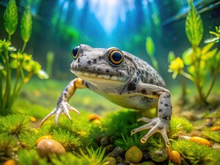 Fototapeta premium Close-up of a Gray Tree Frog Tadpole Swimming in a Lush Aquatic Habitat Under Clear Water Surface