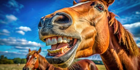 Close-up of a horse's teeth showcasing dental structure and health in natural outdoor setting