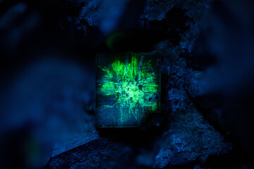 Green Metatorbernite under short wave UV. Specimen from Margabal Mine, Entraygues-sur-Truyère,...