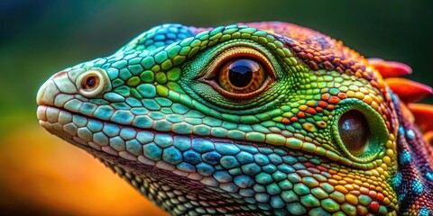Fototapeta premium Close-up of a Lizard Head with Intricate Scales and Vivid Colors in Natural Habitat Setting