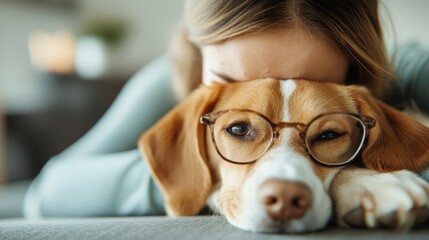 A playful dog with glasses rests with its owner, who cherishes the humorous and cozy moment together, highlighting whimsy and companionship at home.