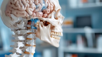 A side perspective image showcasing the intricacies of a human skull and brain model set in a clinical environment, emphasizing anatomical education.