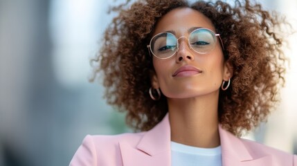 A stylish woman with curly hair wearing a pink blazer and glasses, radiating confidence and sophistication, depicted outdoors against a modern urban backdrop.