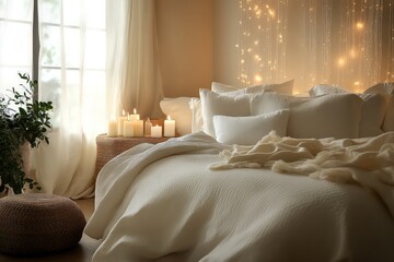 A cozy bedroom with soft lighting, white bed linens, and candles, featuring a soothing beige color palette.