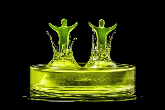 Two green figures splash joyfully in a circular pool of water against a black background.