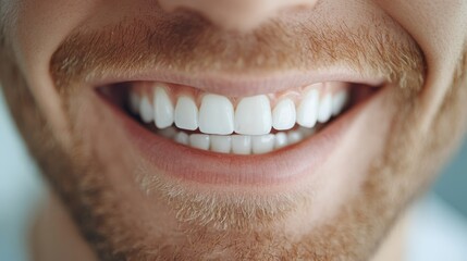 Obraz premium A close-up of a man's cheerful smile, displaying perfectly aligned and bright white teeth, emphasizing dental health and confidence in a crisp image.