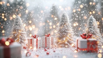Obraz premium Celebrate the joy of Christmas and New Year with this festive 3D scene featuring snow-covered Christmas trees, wrapped gifts, and sparkling confetti. A perfect holiday backdrop with a wintery touch.