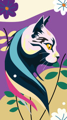 A stylized image showcasing a colorful and abstract cat with striking eyes surrounded by playful floral elements on a bold purple and soft yellow background.