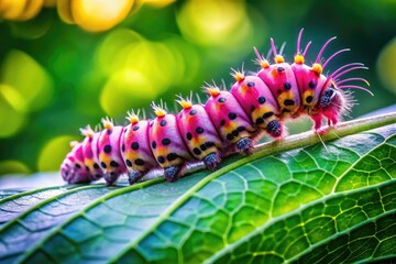 Naklejka premium Close-up of a pinkish caterpillar resting on a green leaf in a natural garden environment