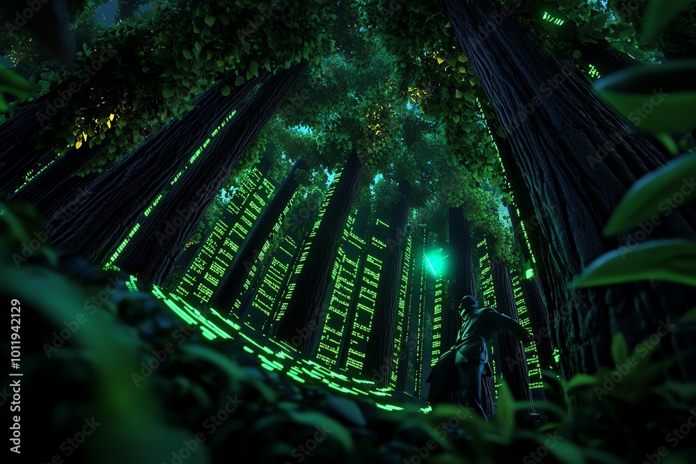 Poster A magical forest where trees hold encrypted data, with a thief unlocking the secrets, representing data theft in a fantastical, enchanted world
