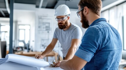 Fototapeta premium Two engineers wearing safety gear are deeply focused while collaborating on architectural blueprints in a modern workspace environment.