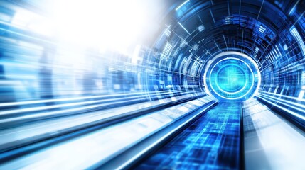 A futuristic tunnel design with glowing blue elements and dynamic lines, conveying speed and innovation.
