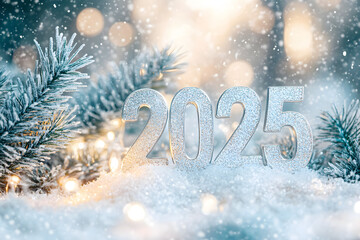 Glittering silver 2025 numbers nestled in snowy scene with miniature evergreen trees and twinkling bokeh lights, creating a magical New Year atmosphere.