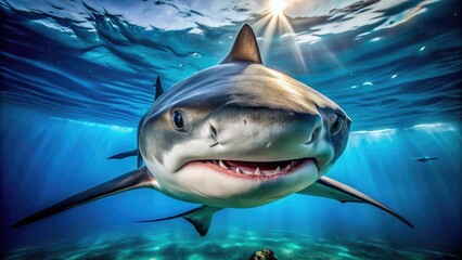 Close-Up of a Shark Nose with Textured Skin and Unique Features Against a Blue Ocean Background