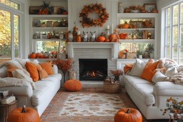 A small English cottage living room with fall decor: owl and deer figurines displayed on a mantel above the fireplace, with mushrooms, pinecones, and fall leaves complementing the space.
