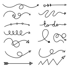 Simple hand drawn arrows vector icons set. Black sketch arrow design for business plan and education.