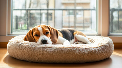 Sick beagle Puppy lying on a dog bed on the floor Sad sick beagle at home