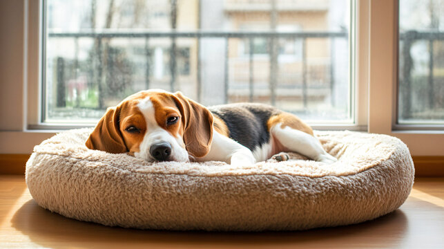 Sick beagle Puppy lying on a dog bed on the floor Sad sick beagle at home