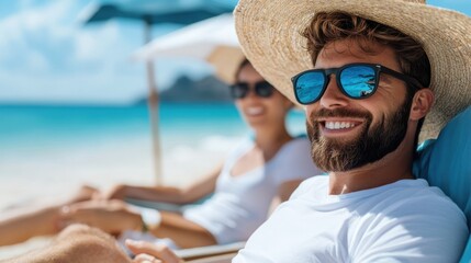 A young man lounging in a beach chair wearing sunglasses and a straw hat, enjoying the coastal view under a bright blue sky on a sunlit day, evoking peace.
