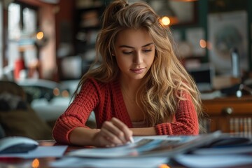 Fototapeta premium Young businesswoman evaluates car insurance options premiums, deductibles, and coverage insights