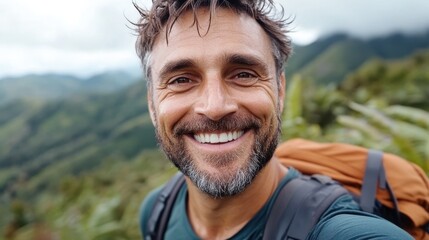 A content bearded man grins widely, hiking in lush mountain scenery, exuding happiness and peace, embodying an adventurous spirit in a natural setting.