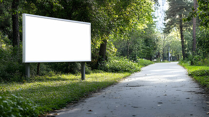 Blank Billboard Advertising on a Path Through Lush Green Foliage in a Park