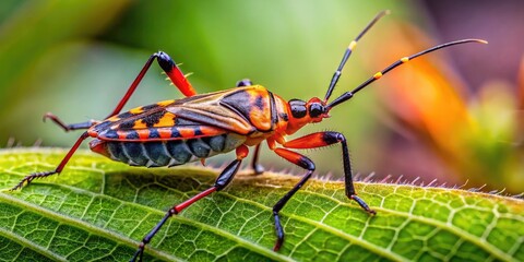 Close-up of a Two Spotted Assassin Bug with Striking Colors on a Leaf in Natural Habitat Environment