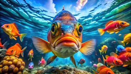 Close-up of a vibrant fish eyeing the camera with a colorful underwater backdrop in clear water