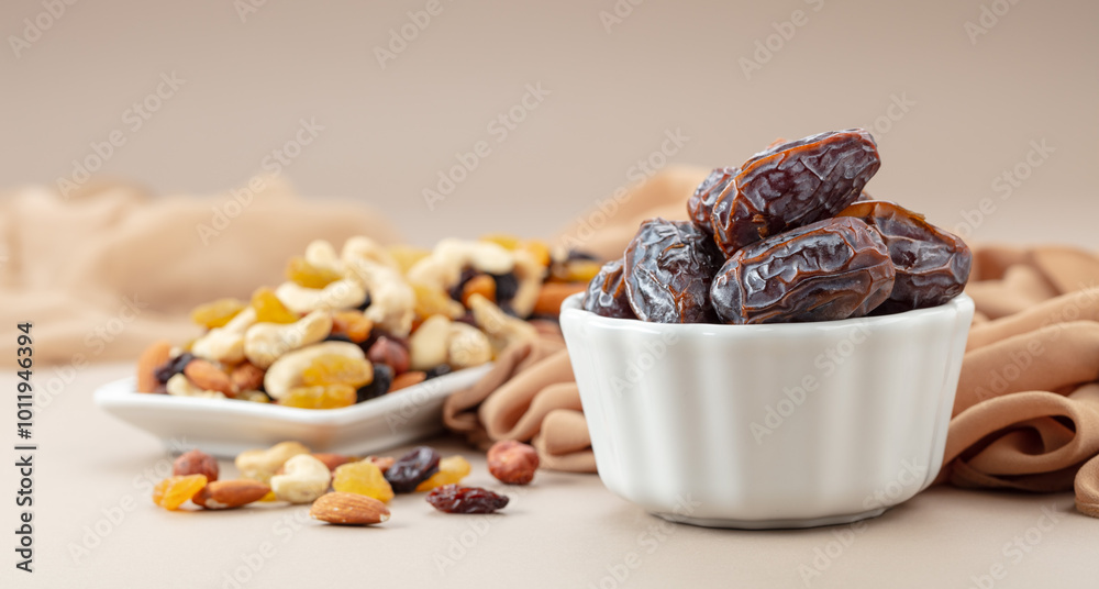 Poster Dates and mix of various nuts and raisins.