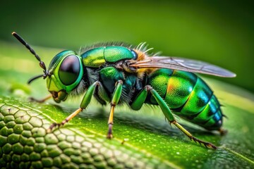 Fototapeta premium Close-up of a vibrant green and black insect perched on a leaf in a natural outdoor environment