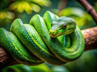 Close-up of a vibrant green snake coiled on a branch in a lush forest environment, nature's beauty