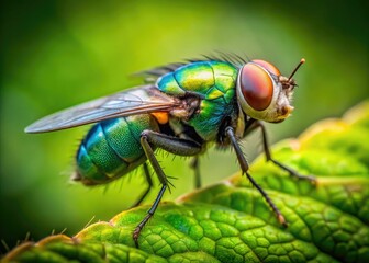 Naklejka premium Close-up of a vibrant green fly perched on a leaf with blurred natural background in sunlight