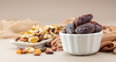 Dates and mix of various nuts and raisins.
