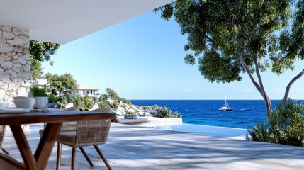 Obraz premium An exquisite dining setup on a spacious deck offers a serene ocean view, inviting indulgence and relaxation amidst a beautiful natural seaside environment.
