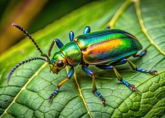 Close-up of a vibrant six-legged beetle crawling on a green leaf in a natural environment