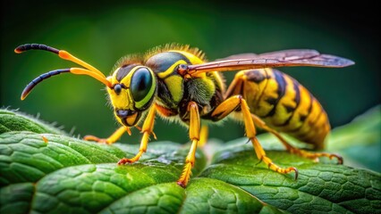 Close-up of a vibrant yellow jacket insect on a green leaf, showcasing its distinctive features
