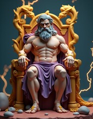 Obraz premium Zeus, the Greek god of thunder, sits on his golden throne, wearing a mantle. Lightning strikes behind him, symbolizing his supreme authority over the heavens.