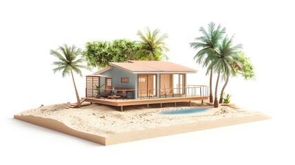 Fototapeta premium Miniature Coastal Bungalow Model with Wraparound Deck and Palm Trees on Sandy Beach