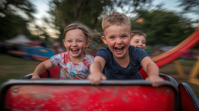 Three young children having fun riding a red rollercoaster