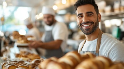 A cheerful baker in a bustling bakery stands proudly amid shelves filled with an assortment of freshly baked pastries, showcasing his delightful creations.