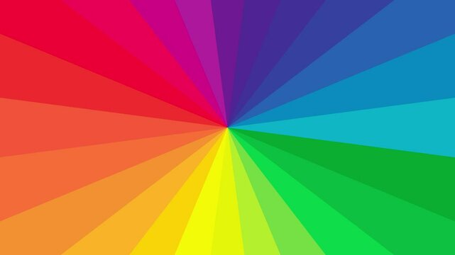 Abstract background. Animation of rotation of rays of colour circle. Different coloured stripes coming from the centre rotate in a circle, changing their colour. Circular rainbow.