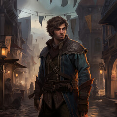 Portrait of a male rogue with medium hair in a bustling city from a fantasy world.
