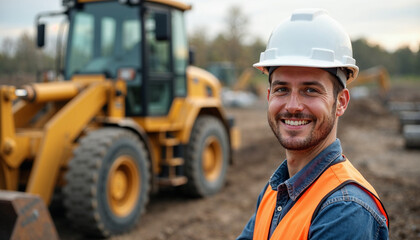 Portrait of a smiling excavator operator at a busy construction site.
