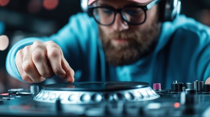 A DJ wearing glasses and headphones is focused on adjusting a vinyl record on the turntable,...