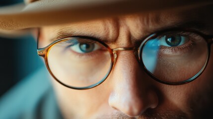 Fototapeta premium A close-up portrait featuring a man's intense gaze through glasses, highlighting his determined and thoughtful expression, emphasizing focus and contemplation.