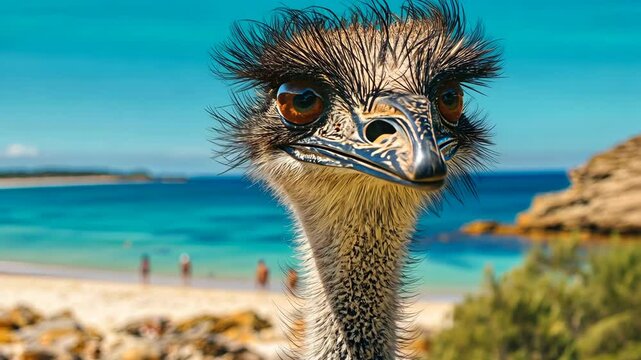 An emu looks at the camera with a curious expression, with a beach and ocean behind it