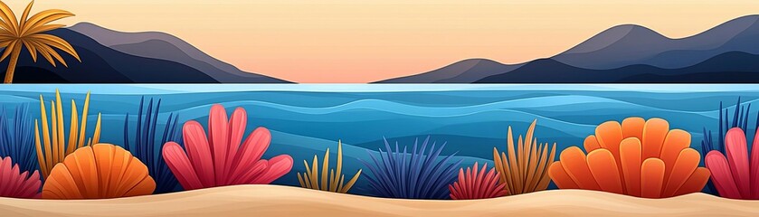 Vibrant coral gardens beneath crystal waters in a shallow bay, with palm trees swaying on the shoreline, and the distant horizon fading into the sky